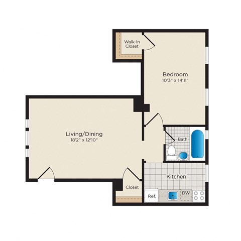 Floor plan for 1 bed, 1 bath, 670 sqft